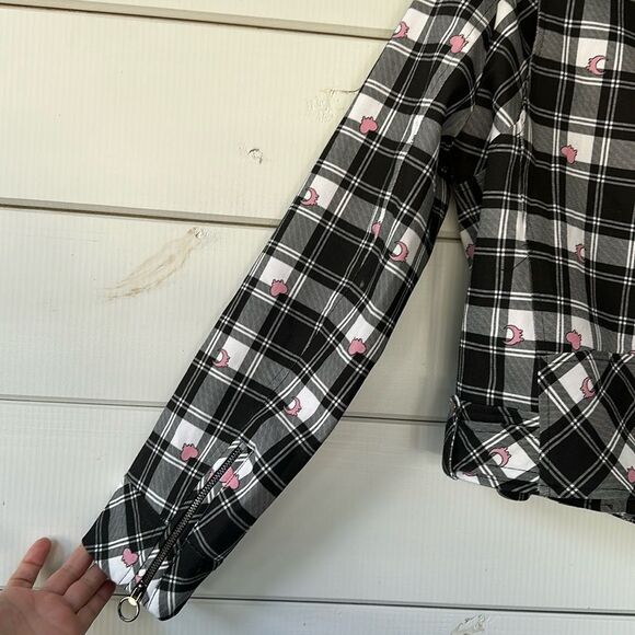 BlackMilk Tartan Heart Moto Jack Women's Size 12 Black Pink Plaid Biker NEW - Picture 10 of 16